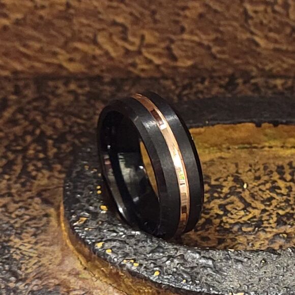 Men's Real Black Tungsten Wedding Ring 14K Gold Filled Center Groove Gold Line - Picture 6 of 11